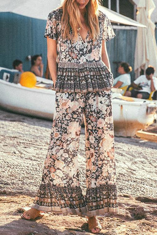 Bohemia Print V Neck Pants Set