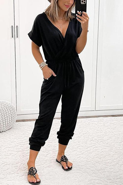 V Neck Drawstring Pockets Jumpsuits