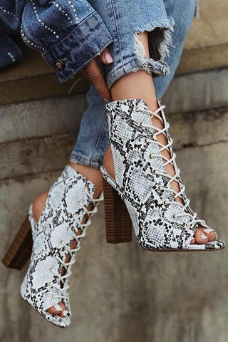 Snake Lace Up High Heel Boots