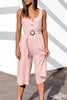 Button U Neck Sleeveless Belted Jumpsuit