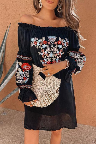 Embroidery Off Shoulder Puff Sleeve Mini Dress
