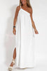 Rustic Linen Blend One Shoulder Lace Up Slit Maxi Dress