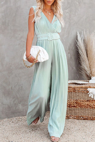 Pleated V Neck Wide Leg Jumpsuit