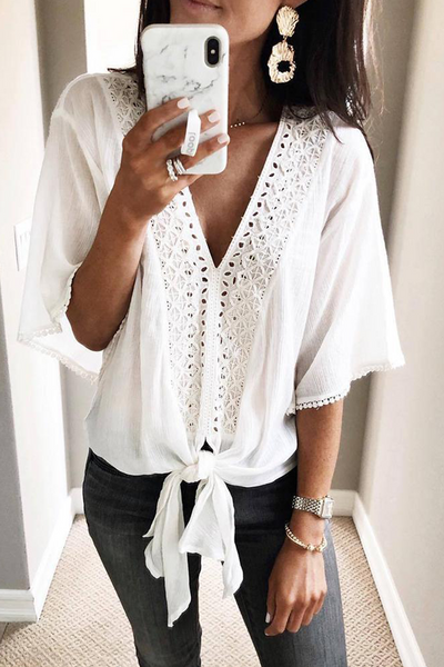V Neck Knot Embroidery Bell Sleeve Blouse