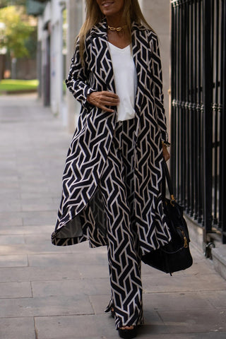 Elegant Geometric Print Sequins Printing Cardigan Collar Long Sleeve Two Pieces