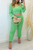 Sweet Elegant Solid Frenulum U Neck Long Sleeve Two Pieces