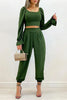 Sweet Elegant Solid Frenulum U Neck Long Sleeve Two Pieces