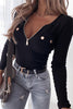 Casual Solid Buttons V Neck Tops