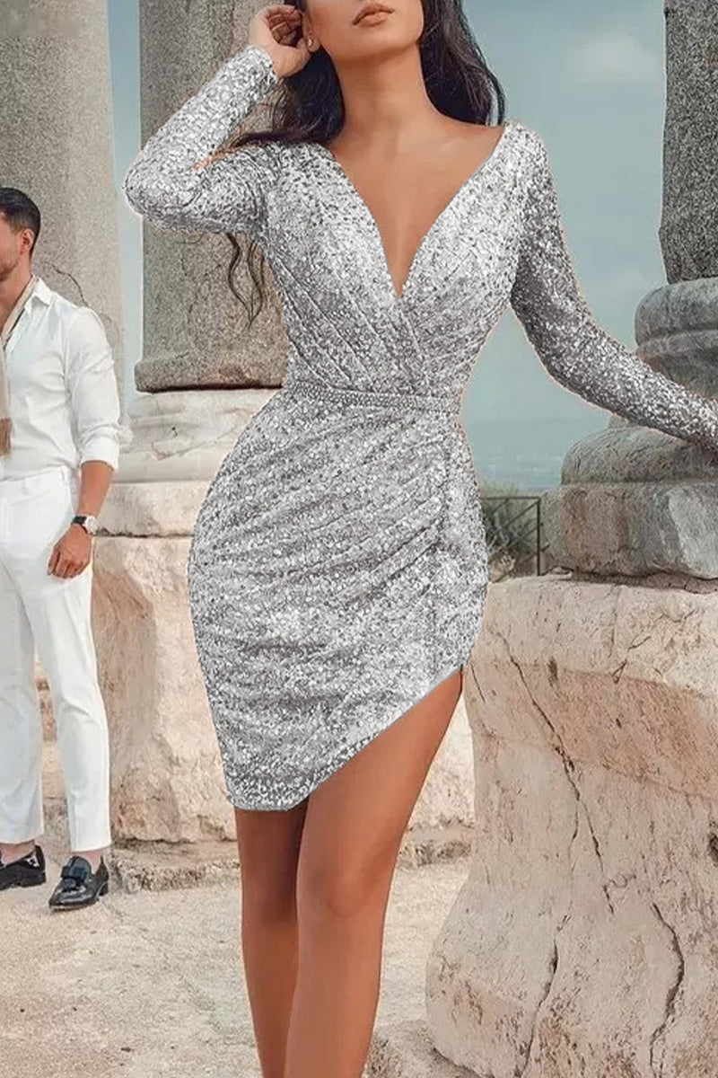 Sexy Solid Patchwork Asymmetrical Solid Color V Neck Pencil Skirt