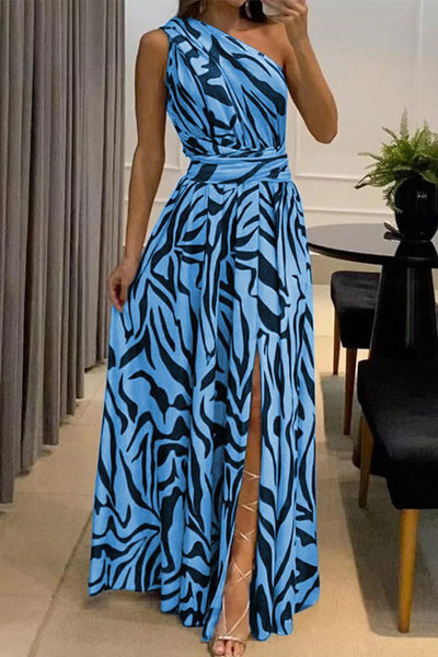 Sexy Elegant Print Frenulum Oblique Collar Dresses