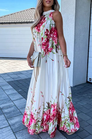 Bohemian College Floral Patchwork With Belt Halter Pleated Dresses
