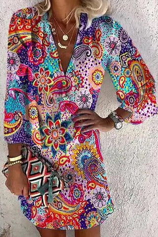 Bohemian College Print Patchwork V Neck Printed Dress Dresses(3 Colors)