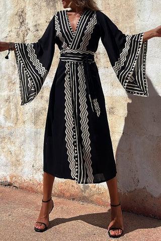 Bohemian College Geometric Print Patchwork V Neck Dresses