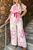 Casual Floral Frenulum Turndown Collar Short Sleeve Two Pieces