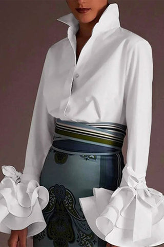 British Style Elegant Solid Buckle Turndown Collar Tops