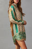 Casual College Geometric Print Pocket Turndown Collar Tops(No Belt)