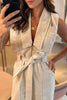 Casual British Style Solid Bandage Turndown Collar Regular Jumpsuits