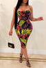 Bandage Leaf Print Sleeveless Midi Dress