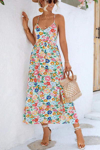 Harvest Sunshine Floral Backless Slit Midi Dress