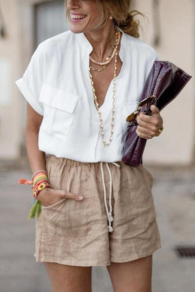 Pockets Drawstring Linen Shorts