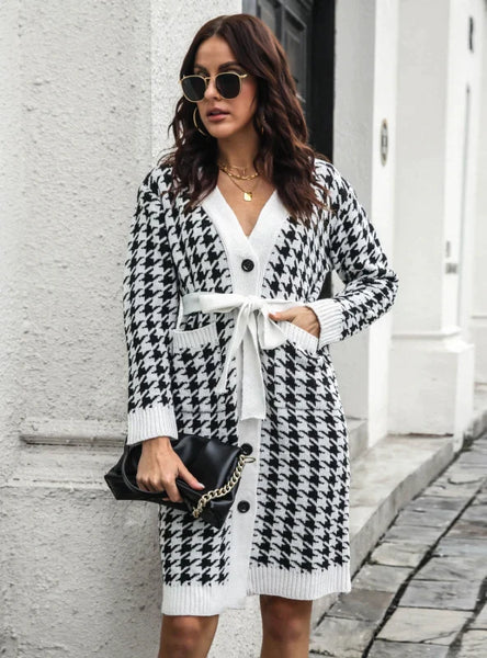 CARDIGAN HOUNDSTOOTH SINGLE-BREASTED KNITTED DRESS