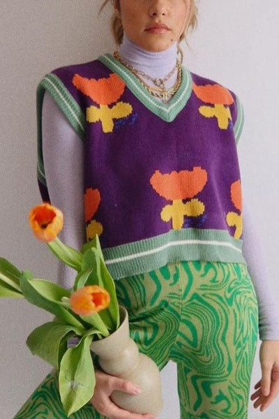 Flower V Neck Sweater Vest