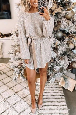 Sequin Belted Long Sleeve Mini Dress