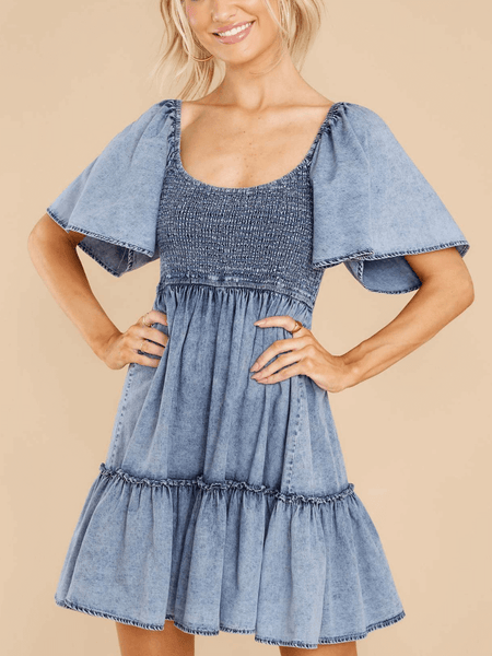 luvamia Women's Casual Short Sleeve Button Down Tiered Denim Babydoll Jean  Dress | eBay