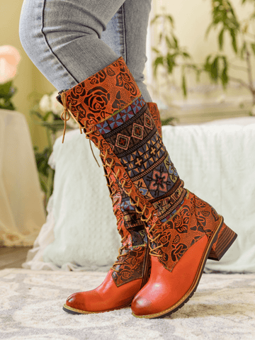 SOFFIA | GEOMETRY PATCHWORK EMBOSSED LEATHER KNEE HIGH BOOT