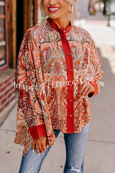 Boho Beauty Satin Abstract Print Dolman Sleeve Loose Blouse