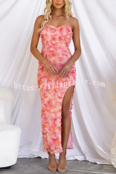 Date Night Strapless Embellished Rose Floral Tulle Split Maxi Dress