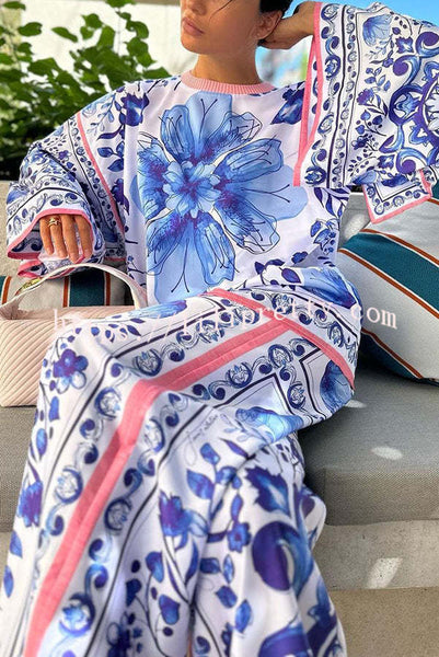 Porcelain Floral Print Bell Sleeve Loose Drape Top