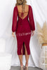 Iconic Crush Ruched Long Balloon Sleeve Mesh Overlay Midi Dress