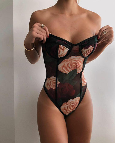 Rose Printing Sleeveless Skinny Teddies
