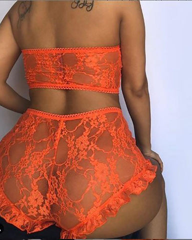Crochet Lace Sheer Mesh Bandeau Bra Set