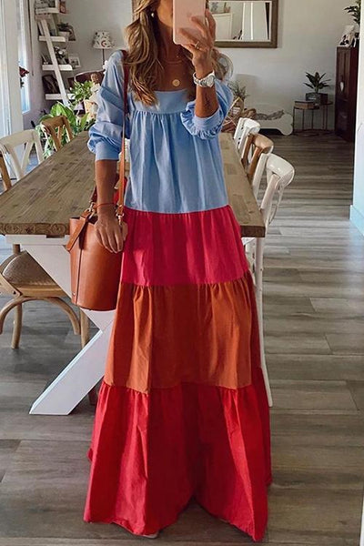 Color Block Layer Long Sleeve Maxi Dress