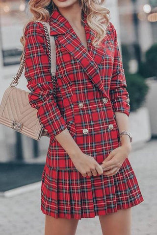 Double Breasted Plaid Blazer Plated Skirts Set