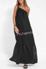 Rustic Linen Blend One Shoulder Lace Up Slit Maxi Dress