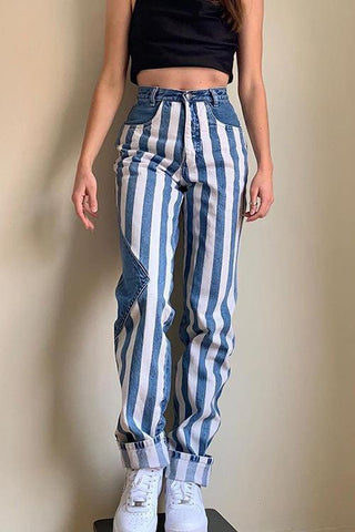 Stripe Patchwork Straight Leg Jeans