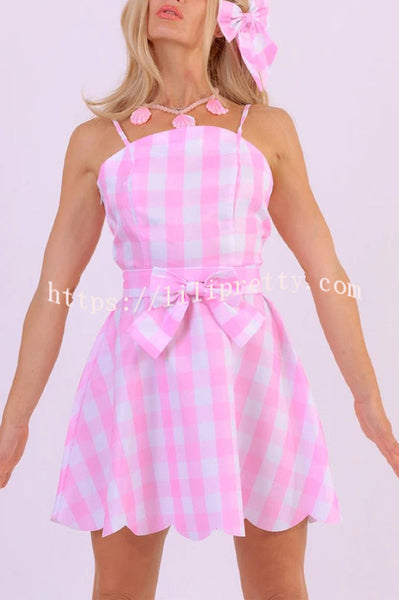 Barbie Pink Plaid Printed Bow Tie Mini Dress