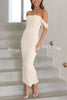 Like Venus Ruched Mesh Overlay Off Shoulder Maxi Dress