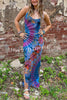 Tuscan Vibes Tie-dye Print Back Lace-up Slit Stretch Maxi Dress