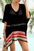 Color Block V Neck Slit Hollow Short Sleeved Knitted Cover Up