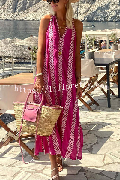Pretty In Pink Ethnic Print Relaxed Vacation Midi Dress