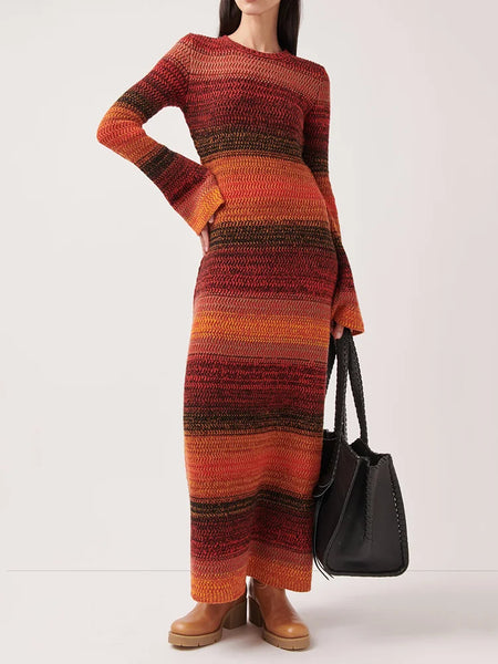 Bohemia Long Sleeves Color-Block Round-Neck Sweater Maxi Dresses