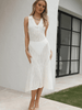 BENDITA PERFORATED KNIT COLLARED MIDI DRESS - CREAM