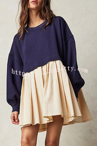 Sweet and Special Exaggerated Pleated Patchwork Sweatshirt A-line Mini Dress