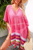 Color Block V Neck Slit Hollow Short Sleeved Knitted Cover Up