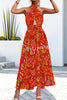 Floral Print Halter Neck Paneled Hollow Pleated Backless Maxi Dress