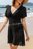 Simple V Neck Wavy Pattern Hollow Short Sleeved Cover Ups